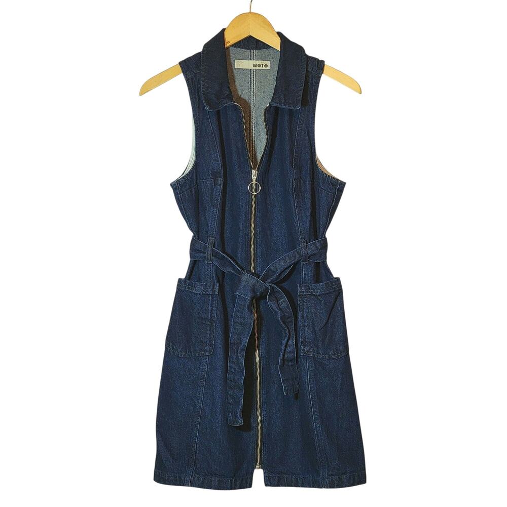 TOPSHOP MOTO Blue Denim Mini Dress Sleeveless Zip Up Front Belted Tie Waist 10